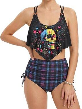 Women's Colorful Skull Stars Plaid Printed Tankini 12-14